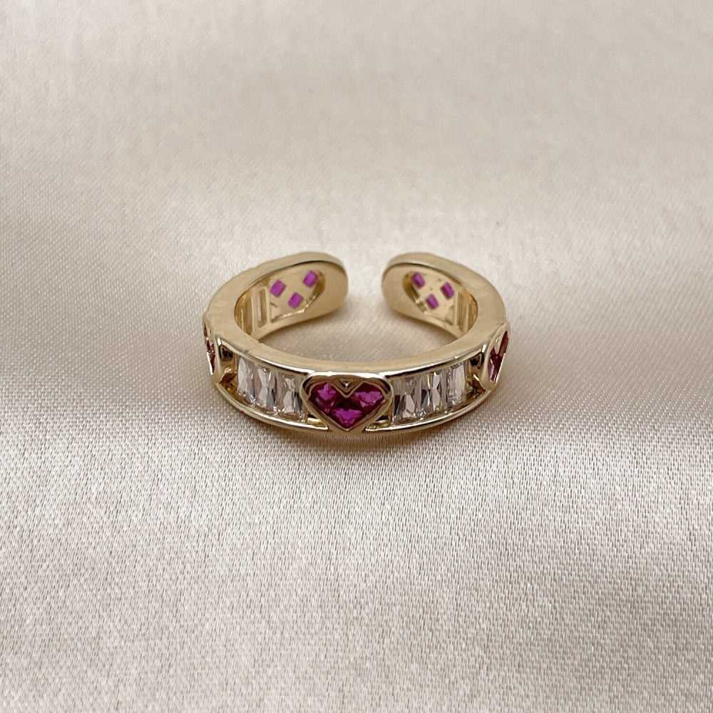 Oro Laminado Multi Stone Ring, Gold Filled Style Heart and Baguette Design, with Ruby and White Cubic Zirconia, Polished, Golden Finish