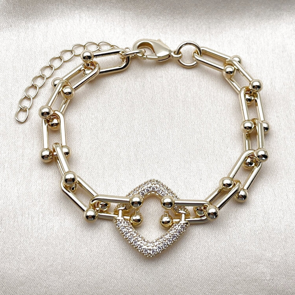 Oro Laminado Fancy Bracelet, Gold Filled Style with White Micro Pave, Polished, Golden Finish