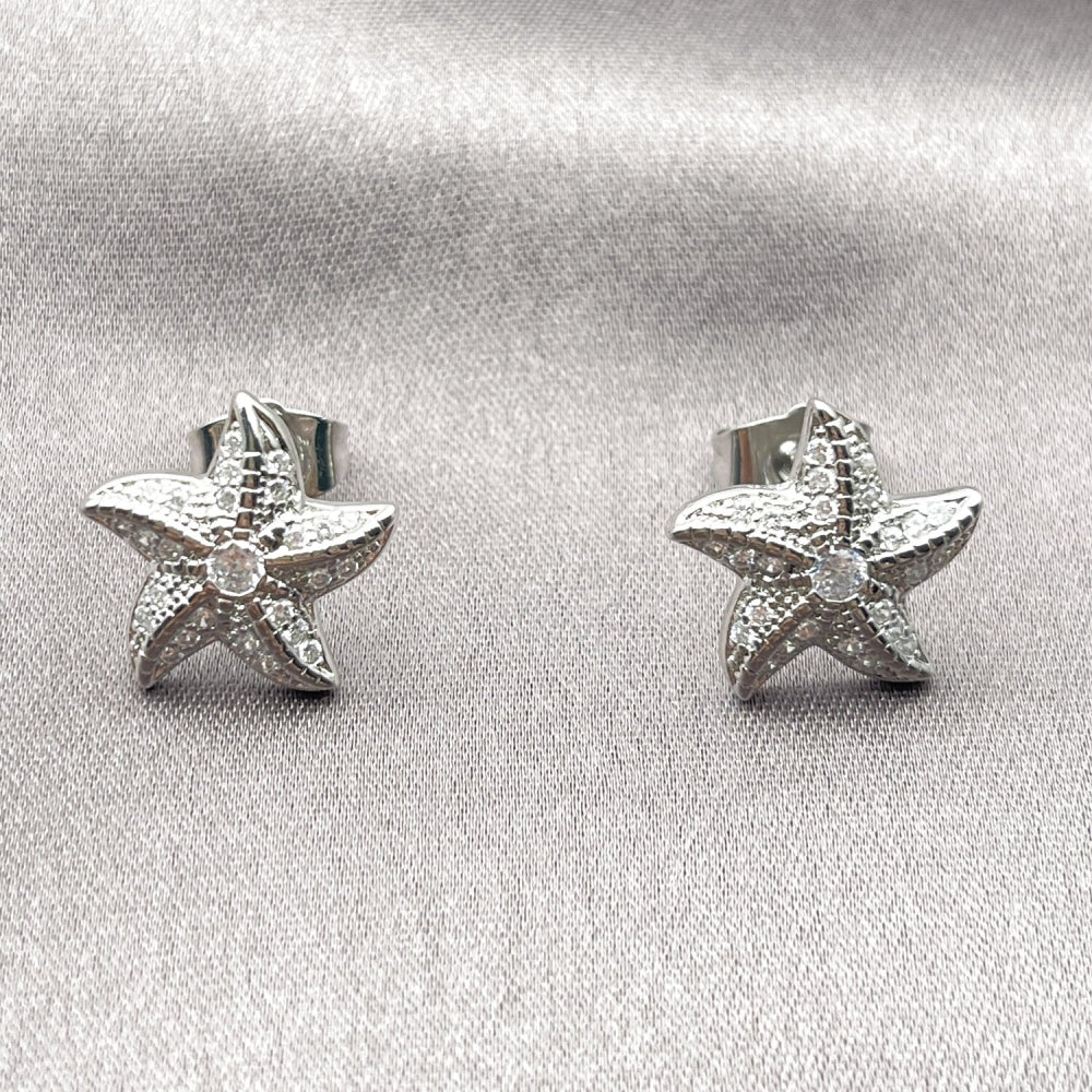 Rhodium Gold Filled Stud Earring, Star Design, with White Micro Pave and White Cubic Zirconia, Polished, Rhodium Finish