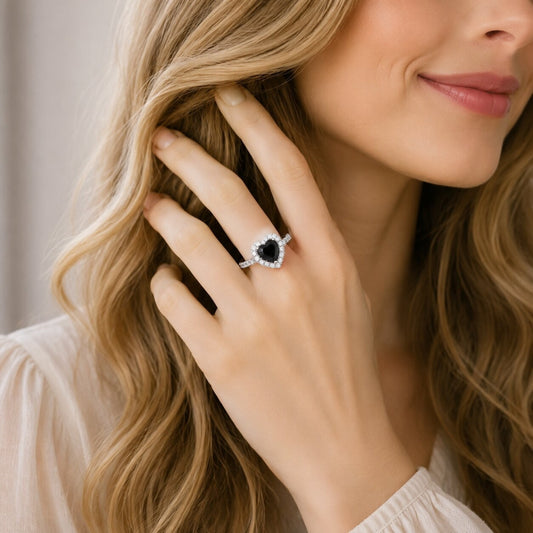 Rhodium Gold Filled Wedding Ring, Heart and Cluster Design, with Black and White Cubic Zirconia, Polished, Rhodium Finish