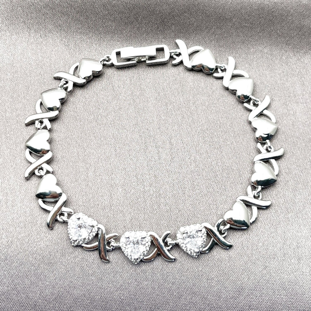 Rhodium Gold Filled Tennis Bracelet, Hugs and Kisses and Heart Design, with White Cubic Zirconia and White Micro Pave, Polished, Rhodium Finish