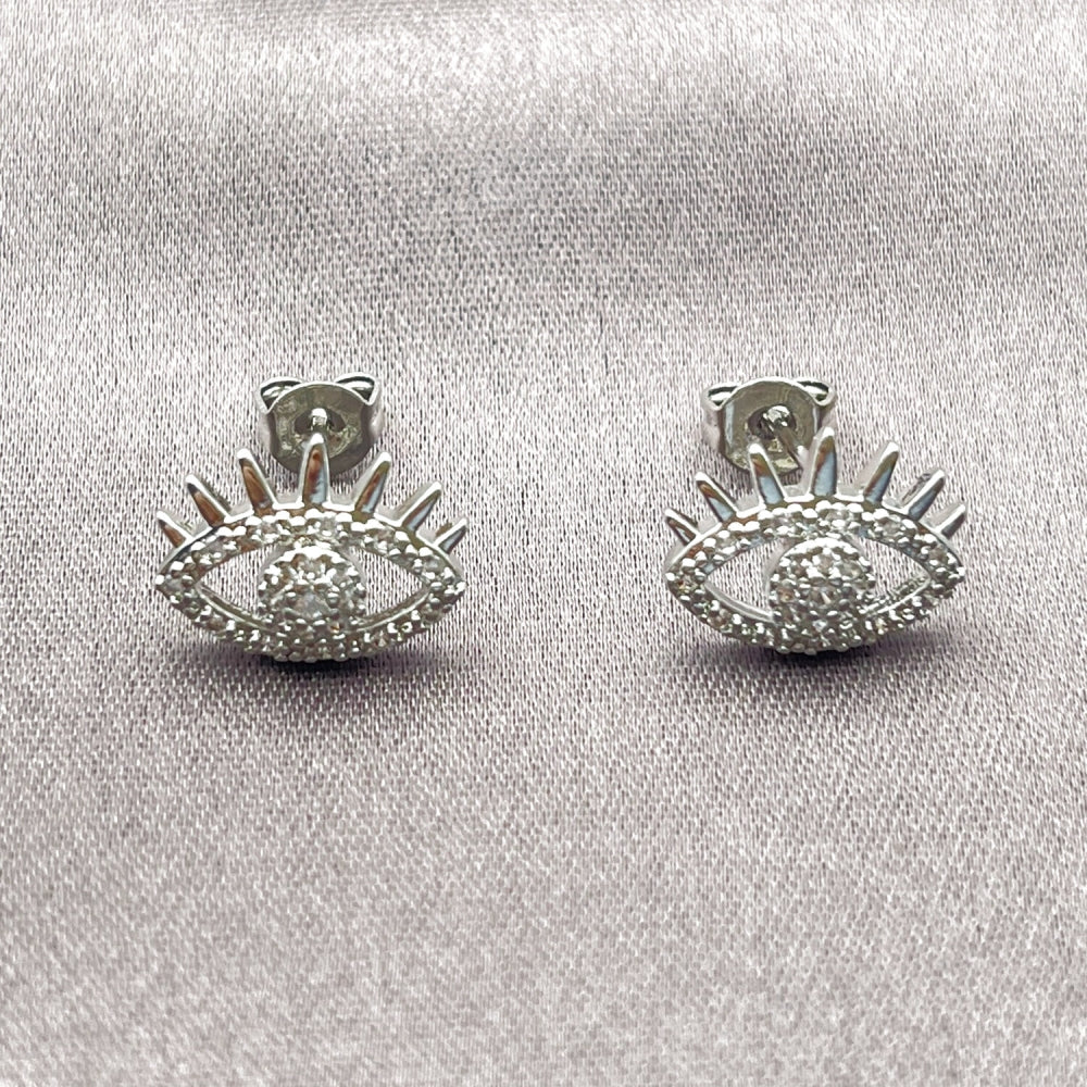 Rhodium Gold Filled Stud Earring, Evil Eye Design, with White Micro Pave, Polished, Rhodium Finish