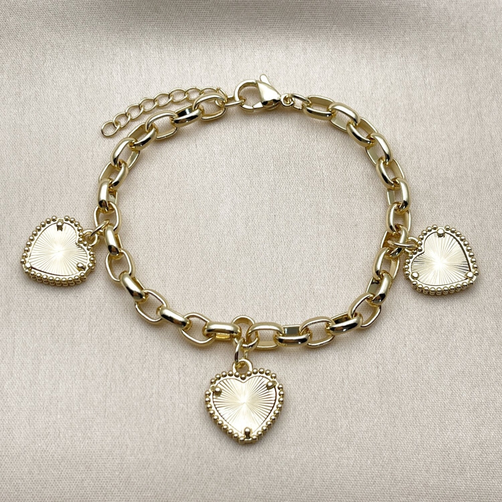 Oro Laminado Fancy Bracelet, Gold Filled Style Heart Design, Diamond Cutting Finish, Golden Finish