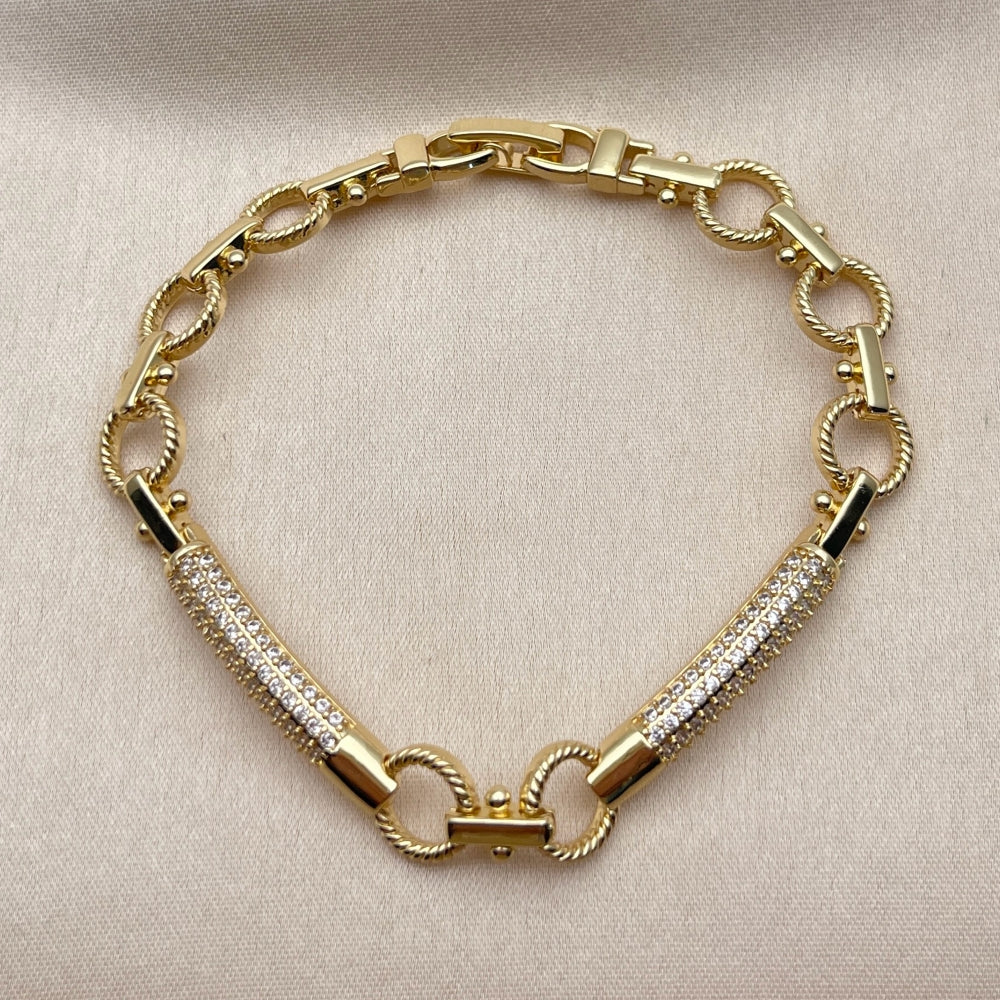 Oro Laminado Fancy Bracelet, Gold Filled Style with White Micro Pave, Polished, Golden Finish