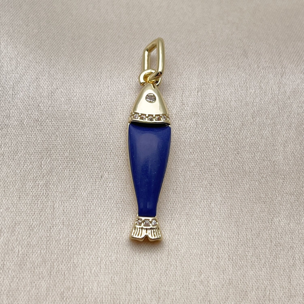 Oro Laminado Fancy Pendant, Gold Filled Style Fish Design, with White Cubic Zirconia, Blue Resin Finish, Golden Finish