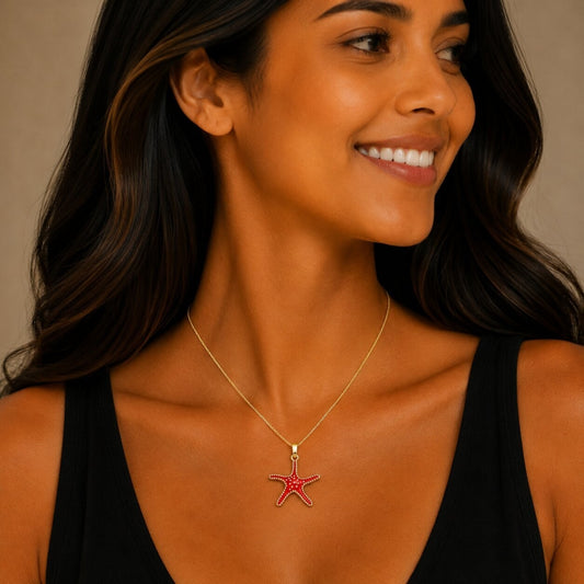 Oro Laminado Fancy Pendant, Gold Filled Style Star Design, Red Enamel Finish, Golden Finish
