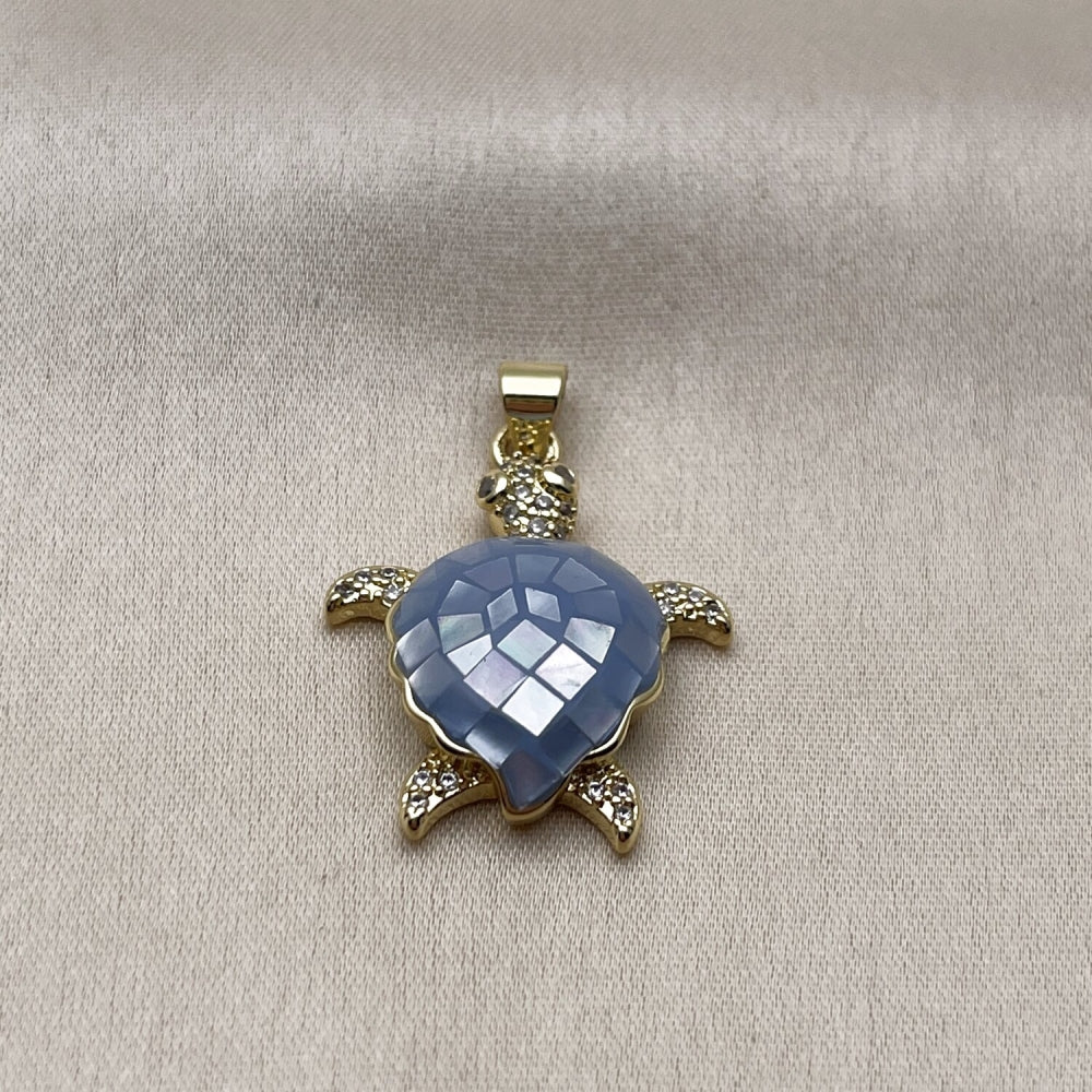 Oro Laminado Fancy Pendant, Gold Filled Style Turtle Design, with Light Sapphire Mother of Pearl and White Micro Pave, Polished, Golden Finish