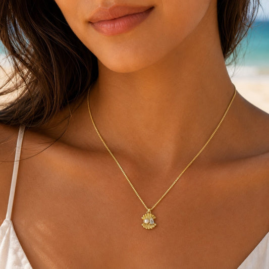 Oro Laminado Fancy Pendant, Gold Filled Style Shell and Teardrop Design, with White Cubic Zirconia and Ivory Pearl, Polished, Golden Finish