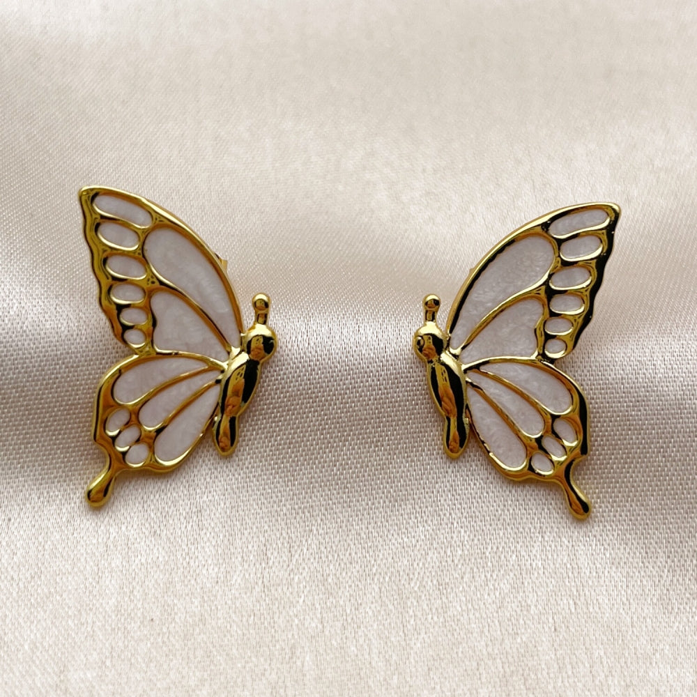 Oro Laminado Stud Earring, Gold Filled Style Butterfly Design, White Enamel Finish, Golden Finish