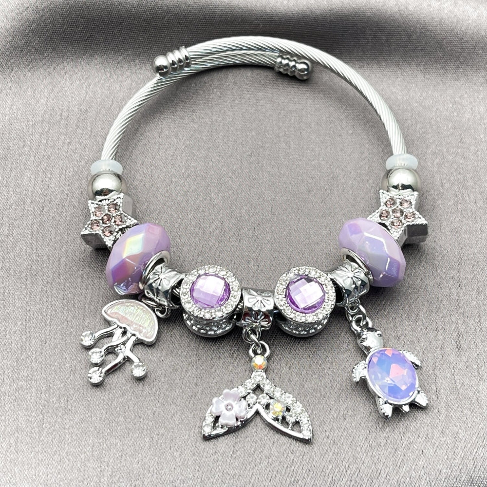 Stainless Steel Individual Bangle, Star and Fish Design, with Violet and Cyclamen Opal Crystal, Pink Polished, Steel Finish