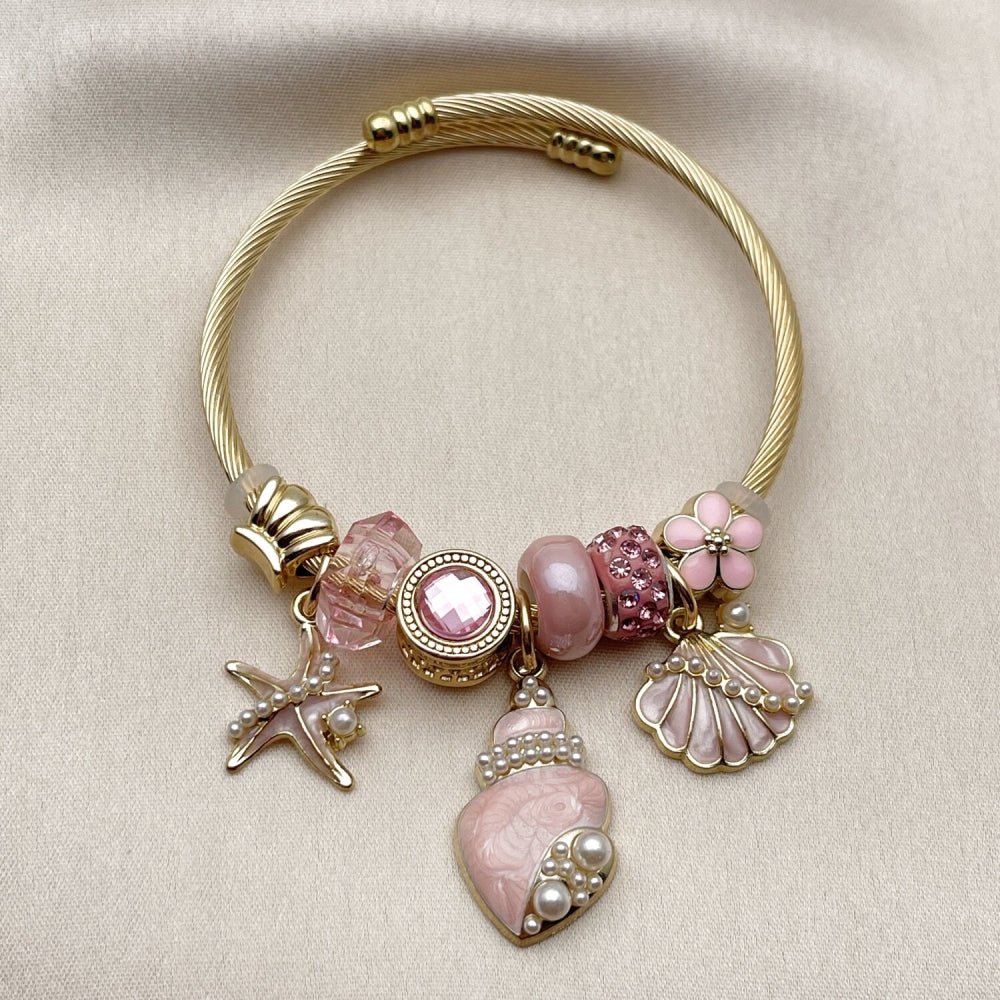 Stainless Steel Individual Bangle, Shell and Star Design, with Light Rose Crystal and Ivory Pearl, Pink Enamel Finish, Golden Finish