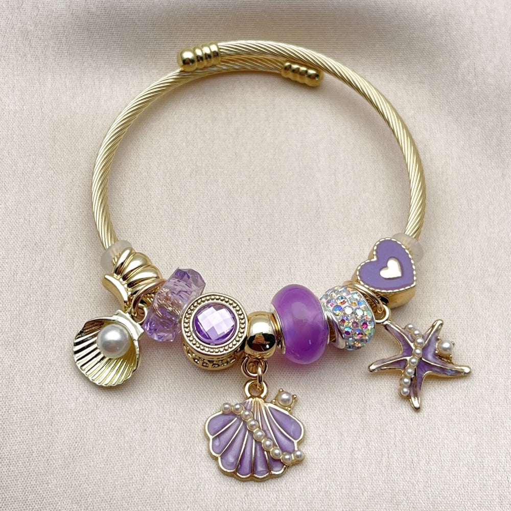 Stainless Steel Individual Bangle, Shell and Star Design, with Crystal and Violet Crystal, Polished, Golden Finish