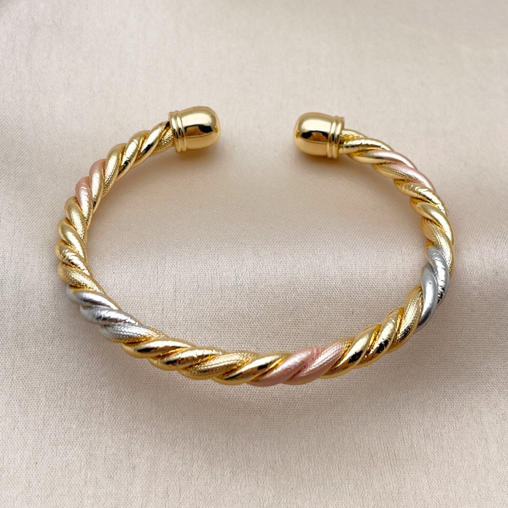 Oro Laminado Individual Bangle, Gold Filled Style Twist Design, Polished, Tricolor