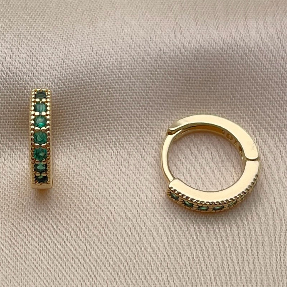 Oro Laminado Huggie Hoop, Gold Filled Style with Green Cubic Zirconia, Polished, Golden Finish