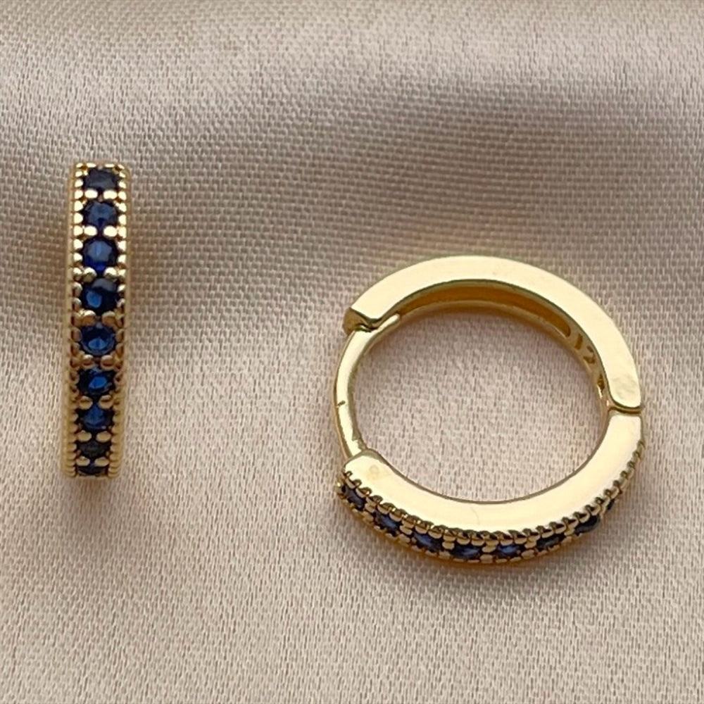 Oro Laminado Huggie Hoop, Gold Filled Style with Sapphire Blue Cubic Zirconia, Polished, Golden Finish