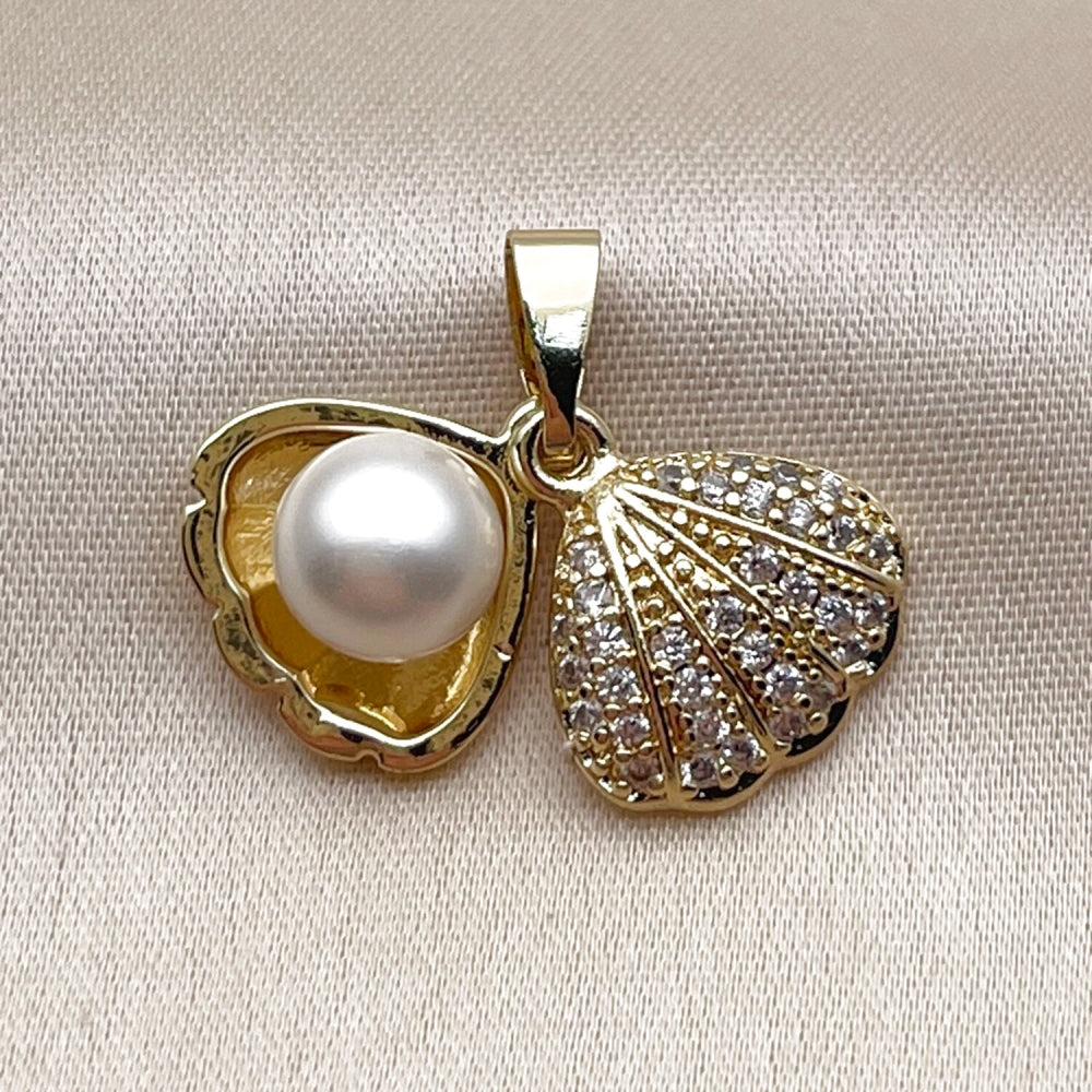 Oro Laminado Fancy Pendant, Gold Filled Style Shell and Ball Design, with White Micro Pave and Ivory Pearl, Polished, Golden Finish