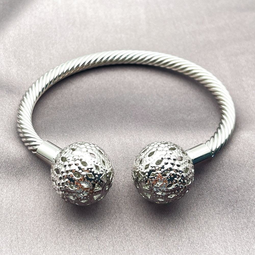 Rhodium Gold Filled Individual Bangle, Ball and Twist Design, Polished, Rhodium Finish