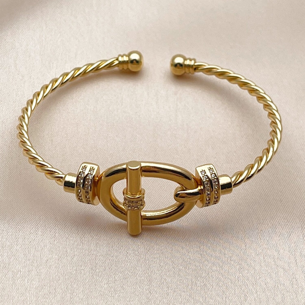 Oro Laminado Individual Bangle, Gold Filled Style Belt Buckle and Twist Design, with White Micro Pave, Polished, Golden Finish