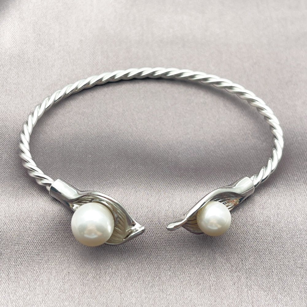 Rhodium Gold Filled Individual Bangle, Flower and Twist Design, with Ivory Pearl, Polished, Rhodium Finish