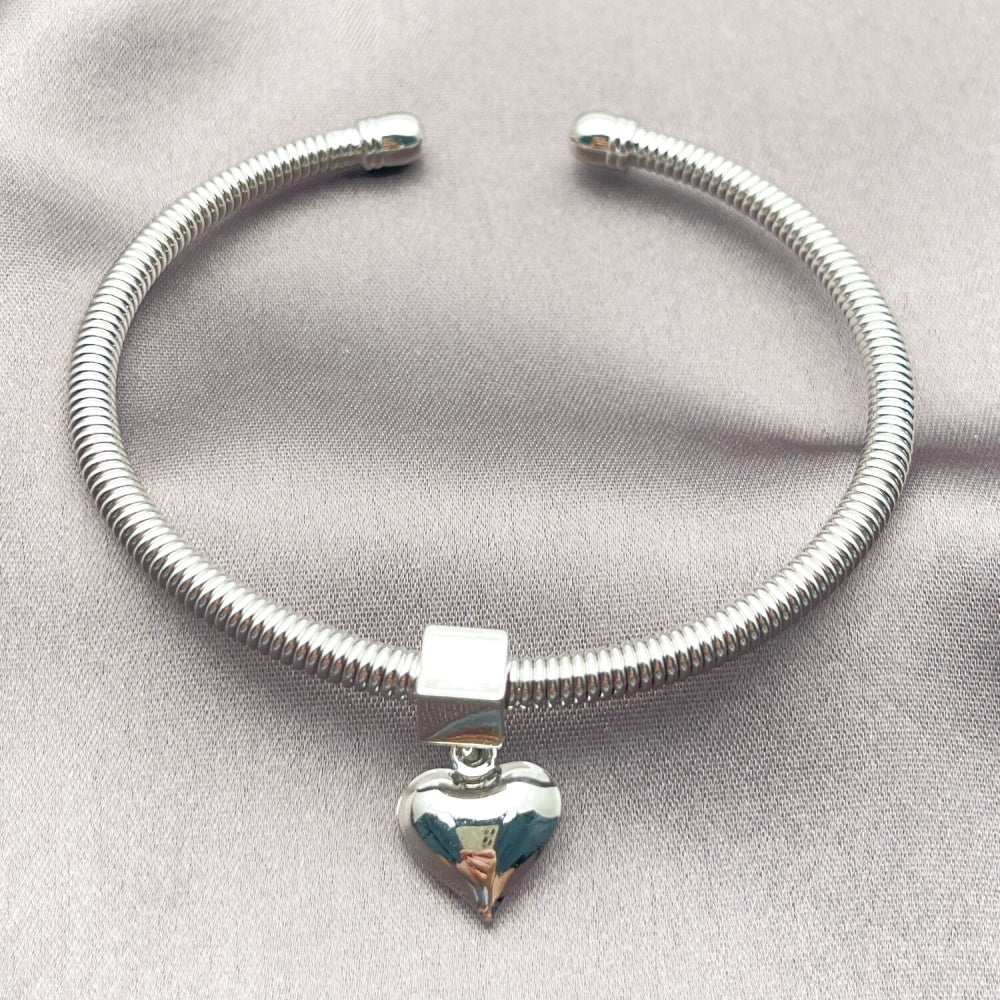 Rhodium Gold Filled Individual Bangle, Heart and Rat Tail Design, Polished, Rhodium Finish