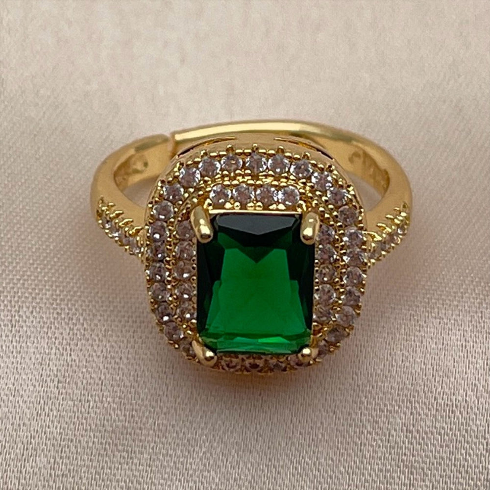 Oro Laminado Multi Stone Ring, Gold Filled Style Cluster and Baguette Design, with Green and White Cubic Zirconia, Polished, Golden Finish