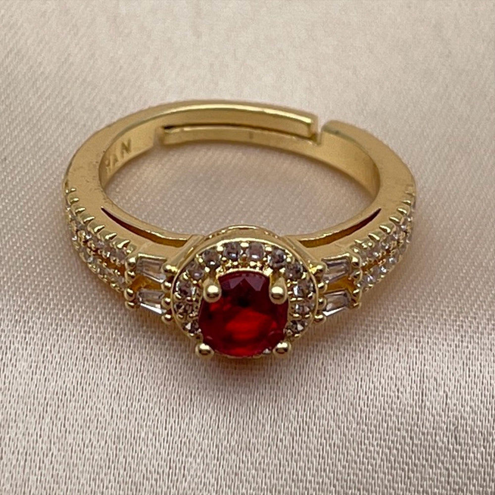 Oro Laminado Multi Stone Ring, Gold Filled Style Cluster and Baguette Design, with Garnet and White Cubic Zirconia, Polished, Golden Finish