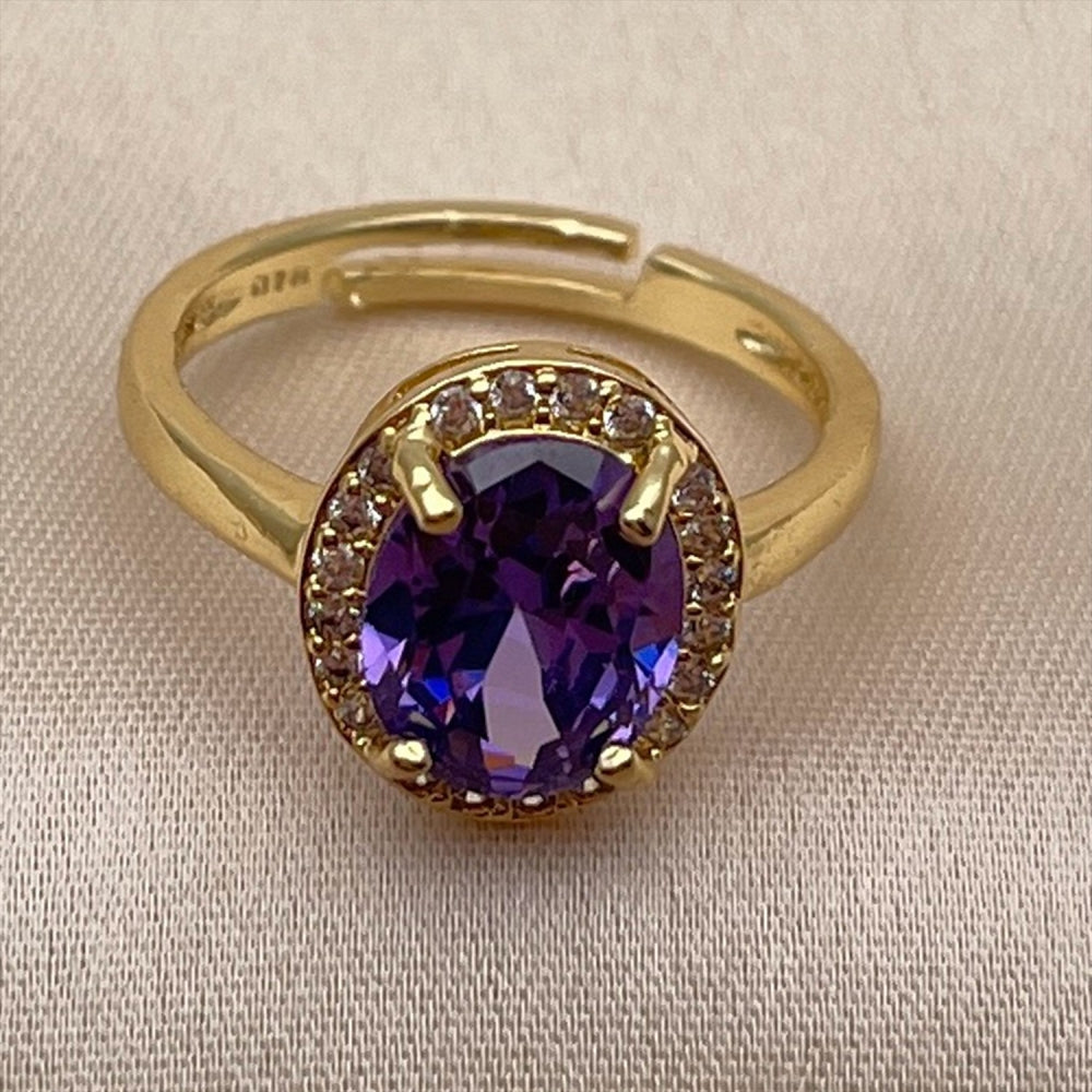 Oro Laminado Multi Stone Ring, Gold Filled Style Cluster Design, with White and Amethyst Cubic Zirconia, Polished, Golden Finish