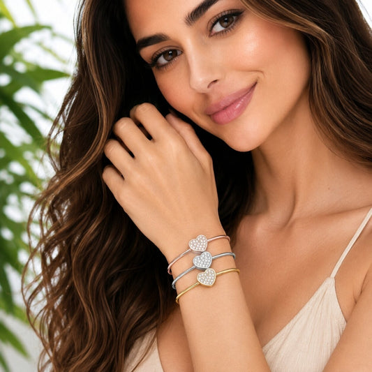 Oro Laminado Individual Bangle, Gold Filled Style Heart and Ball Design, with White Cubic Zirconia, Polished, Tricolor