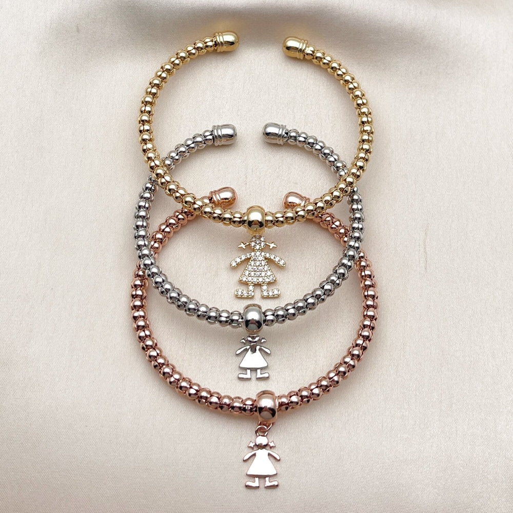 Oro Laminado Trio Bangle, Gold Filled Style Ball and Little Girl Design, with White Cubic Zirconia, Polished, Tricolor