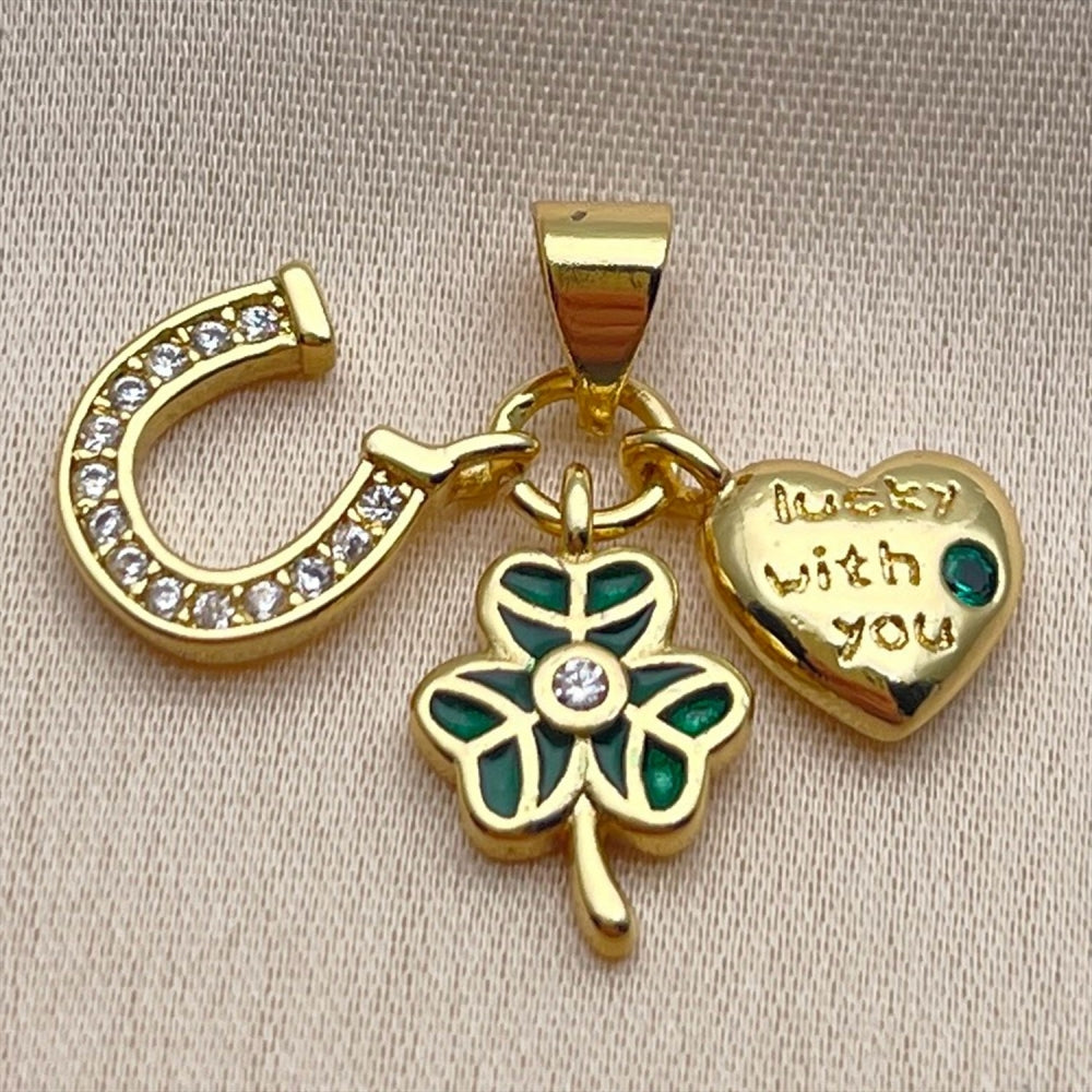Oro Laminado Fancy Pendant, Gold Filled Style Horseshoe and Heart Design, with Green and White Cubic Zirconia, Green Enamel Finish, Golden Finish