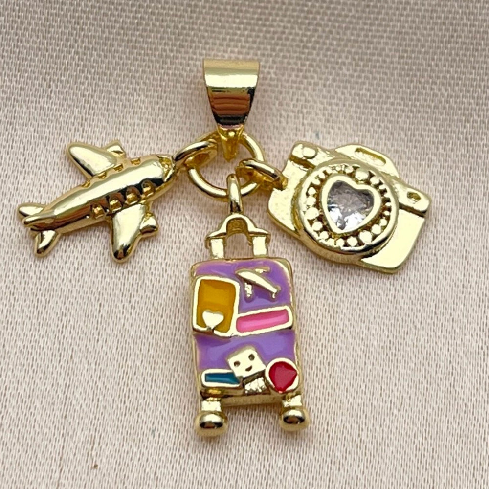 Oro Laminado Fancy Pendant, Gold Filled Style Heart and Airplane Design, with White Cubic Zirconia, Multicolor Enamel Finish, Golden Finish