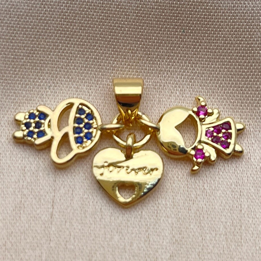 Oro Laminado Fancy Pendant, Gold Filled Style Heart and Little Girl Design, with Garnet and Aqua Blue Cubic Zirconia, Polished, Golden Finish