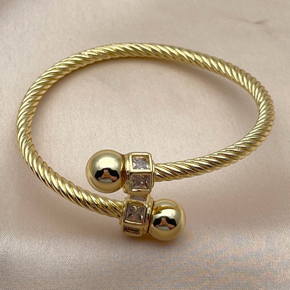 Oro Laminado Individual Bangle, Gold Filled Style Twist and Ball Design, with White Cubic Zirconia, Polished, Golden Finish