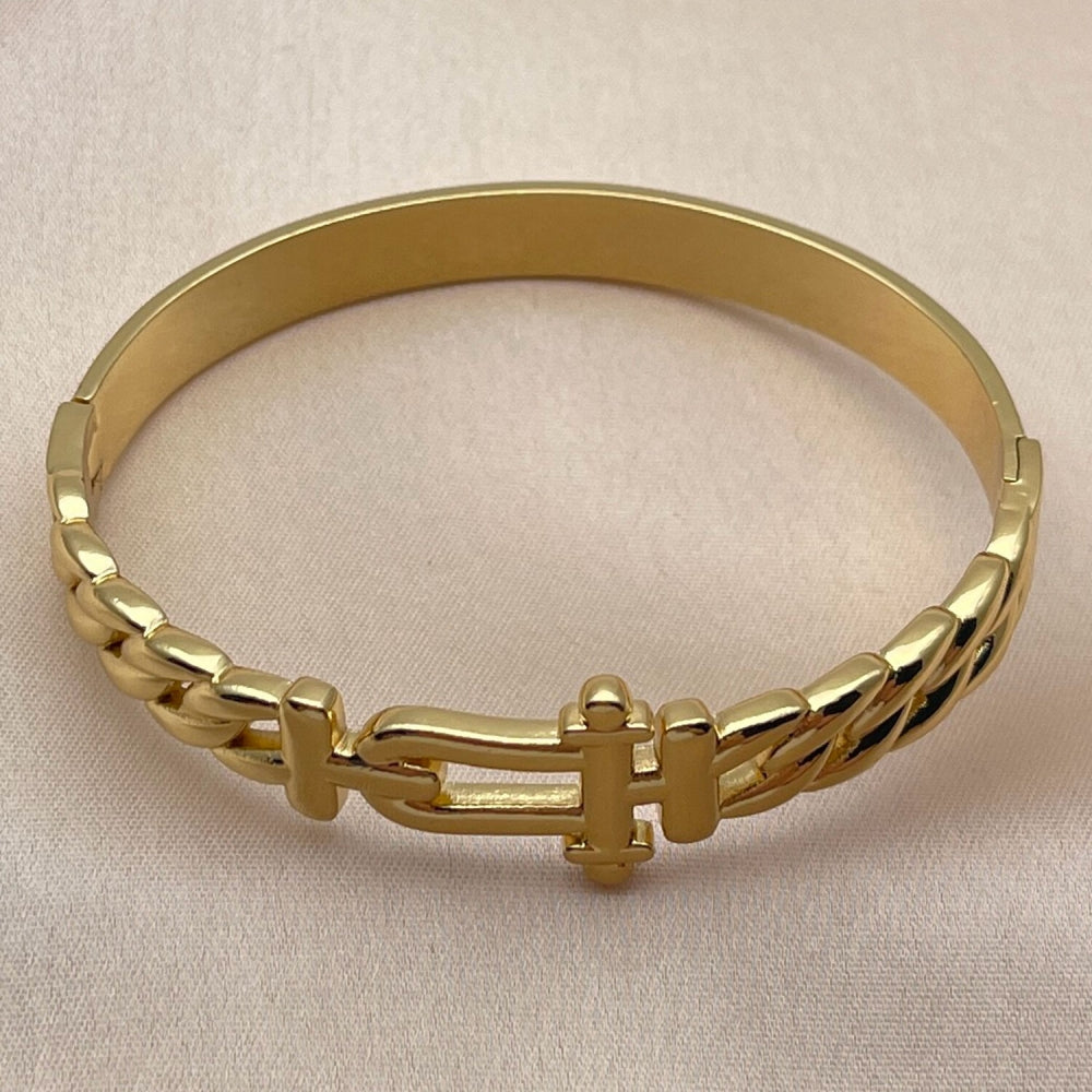 Stainless Steel Individual Bangle, Belt Buckle and Miami Cuban Design, Polished, Golden Finish