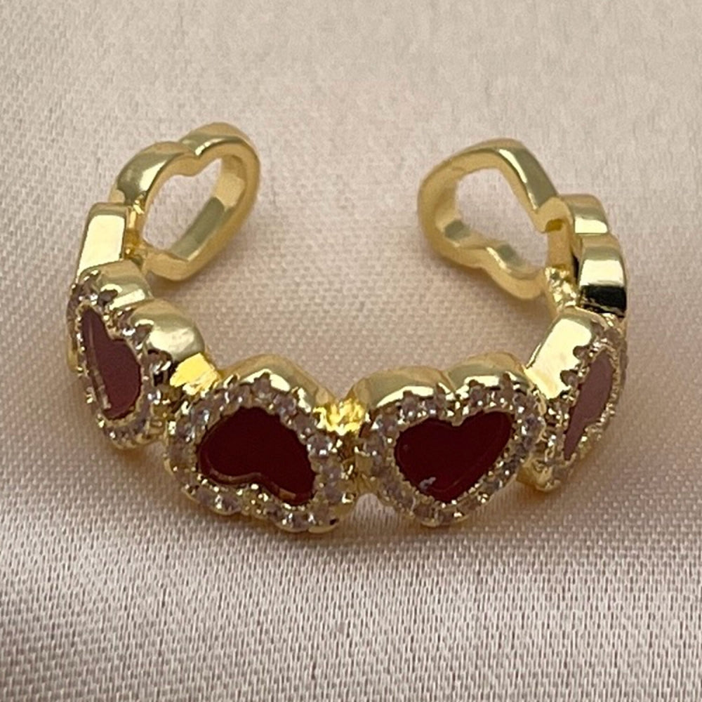 Oro Laminado Multi Stone Ring, Gold Filled Style Heart and Cluster Design, with Light Siam Mother of Pearl and White Micro Pave, Polished, Golden Finish