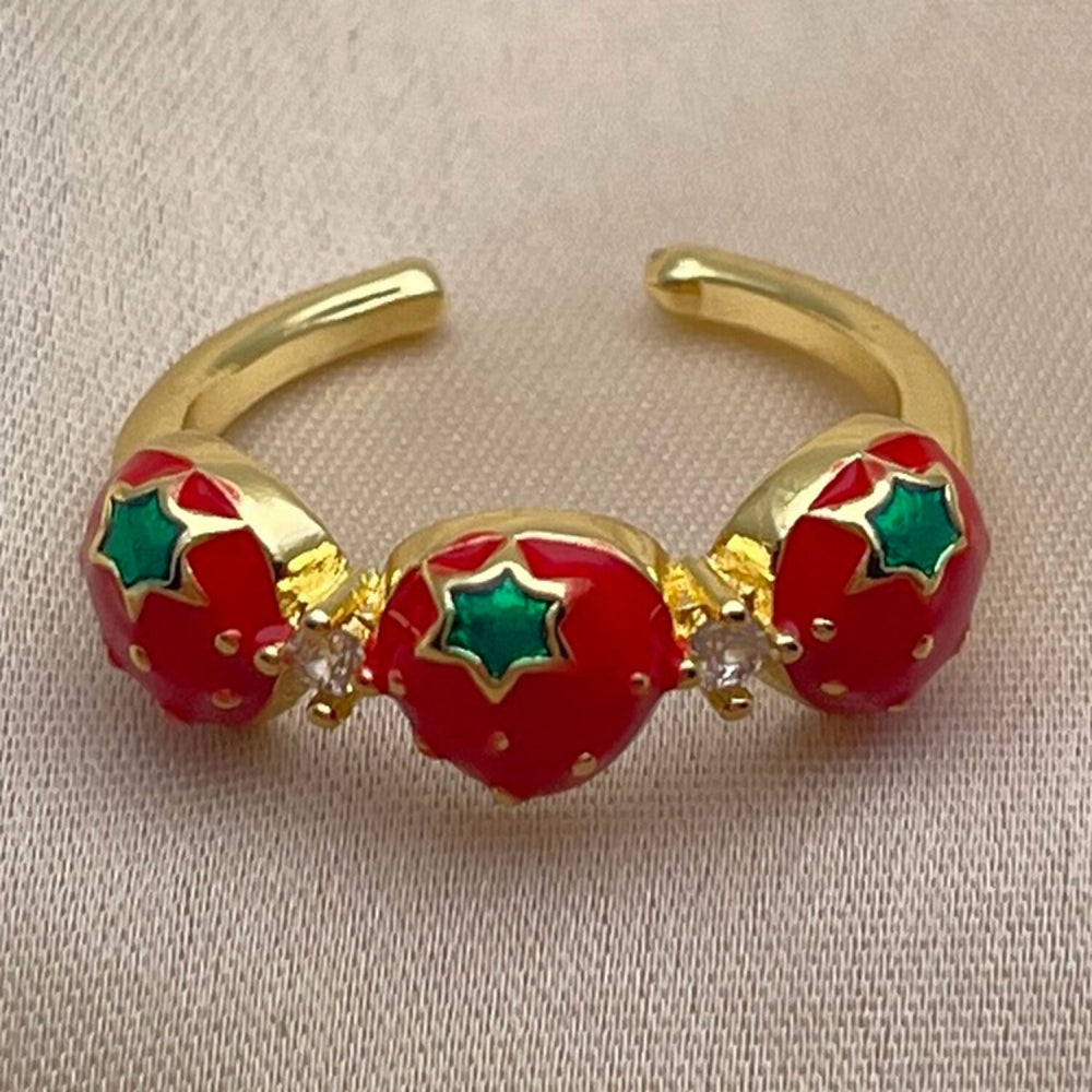 Oro Laminado Multi Stone Ring, Gold Filled Style Strawberry Design, with White Cubic Zirconia, Red Enamel Finish, Golden Finish