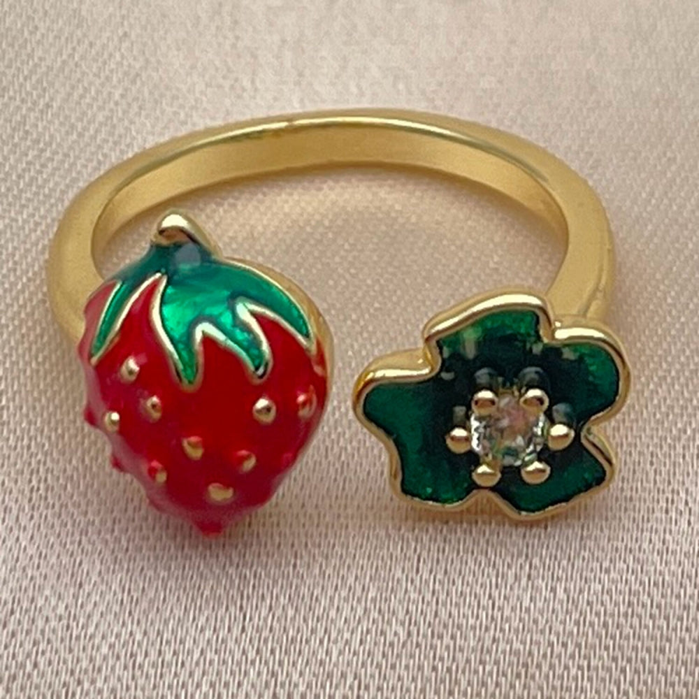 Oro Laminado Multi Stone Ring, Gold Filled Style Strawberry and Flower Design, with White Cubic Zirconia, Red Enamel Finish, Golden Finish