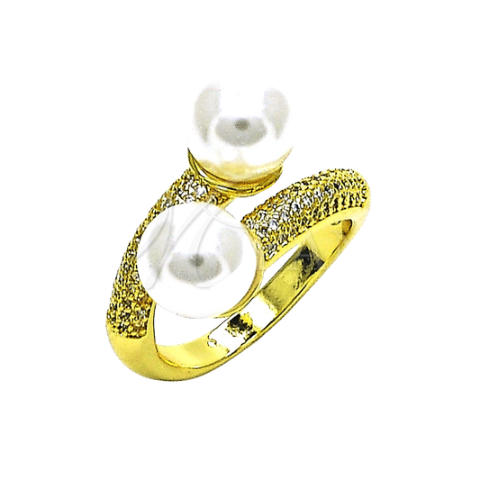 Oro Laminado Multi Stone Ring, Gold Filled Style with White Micro Pave and Ivory Pearl, Polished, Golden Finish