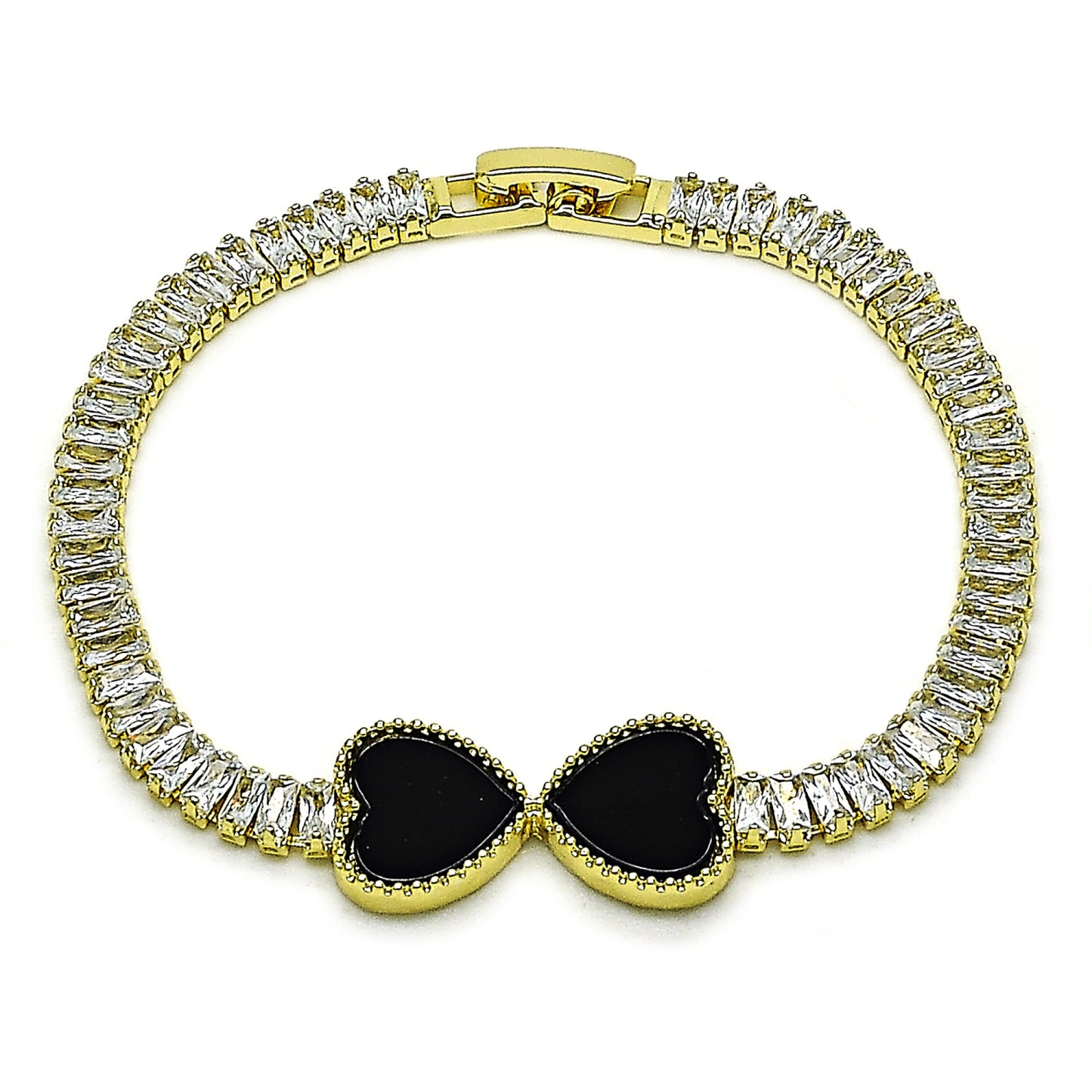 Gold Plated Gold Filled Oro Laminado Oro Laminado Fancy Bracelet, Gold Filled Style Heart and Baguette Design, with Black Mother of Pearl and White Cubic Zirconia, Polished, Golden