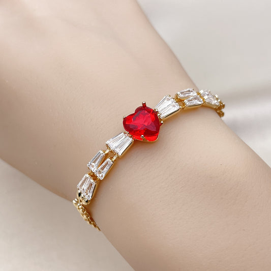 Oro Laminado Fancy Bracelet, Gold Filled Style Heart and Baguette Design, with Garnet and White Cubic Zirconia, Polished, Golden