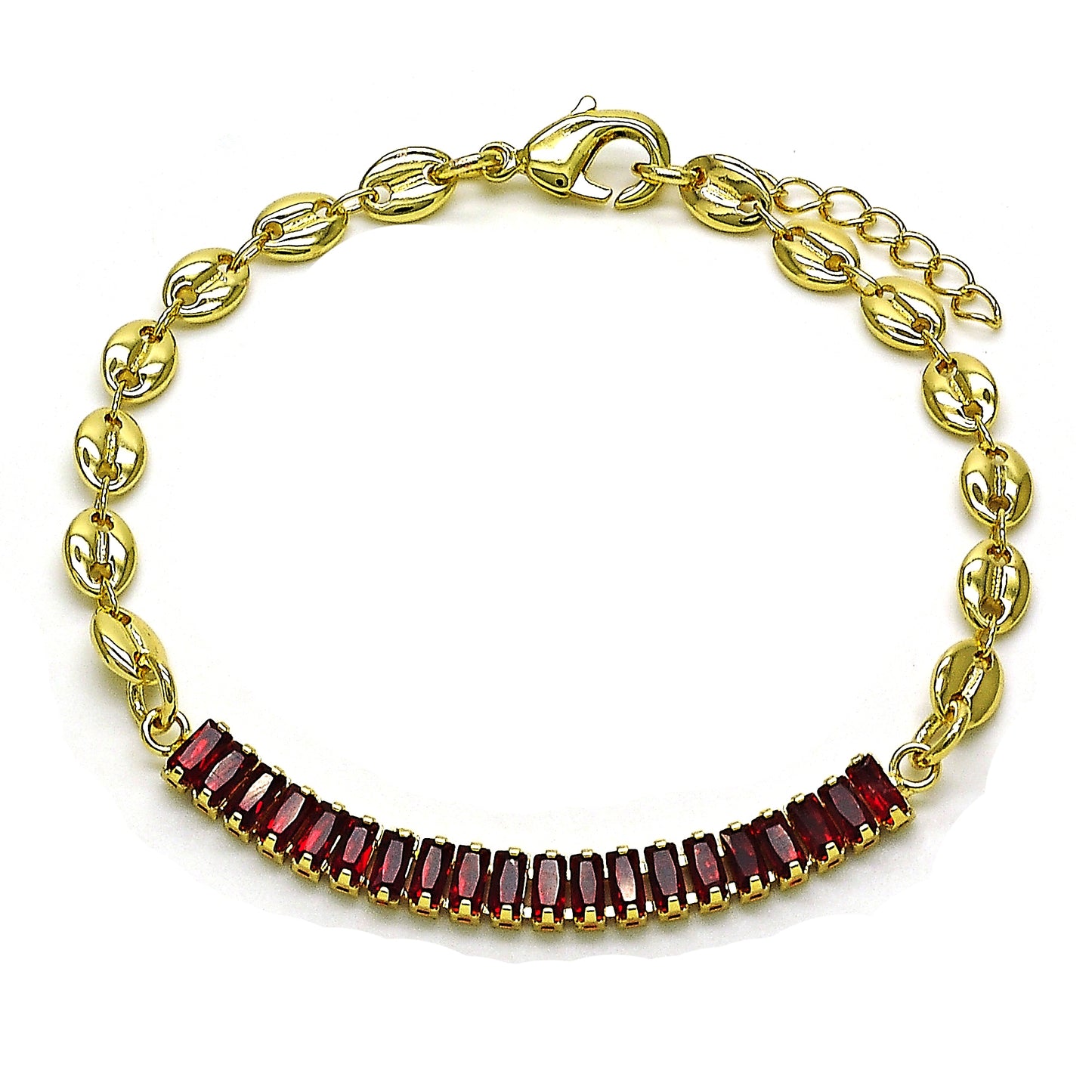 Gold Plated Gold Filled Oro Laminado Oro Laminado Fancy Bracelet, Gold Filled Style Puff Mariner Design, with Garnet Cubic Zirconia, Polished, Golden