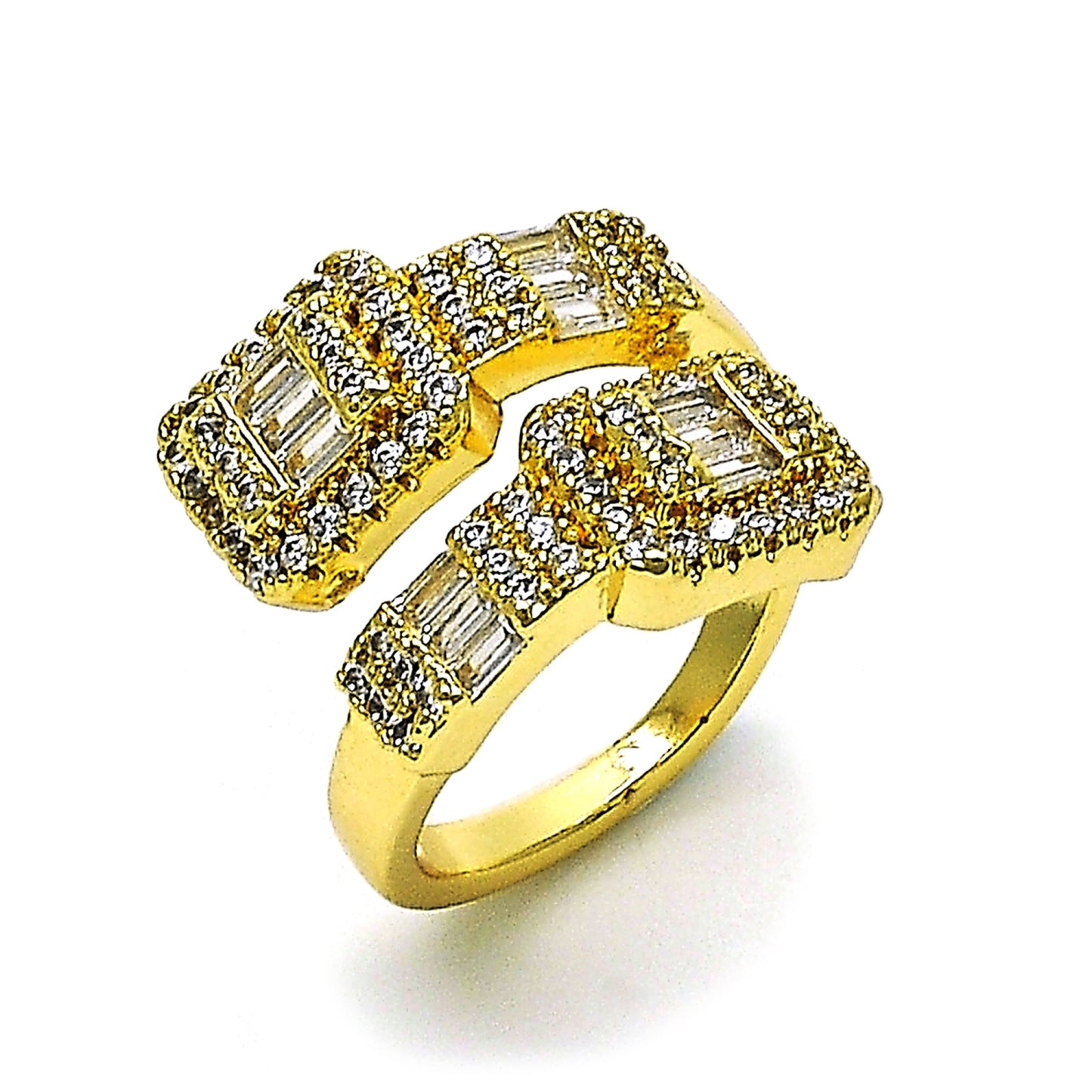 Gold Plated Gold Filled Oro Laminado Oro Laminado Multi Stone Ring, Gold Filled Style Baguette Design, with White Cubic Zirconia and White Micro Pave, Polished, Golden