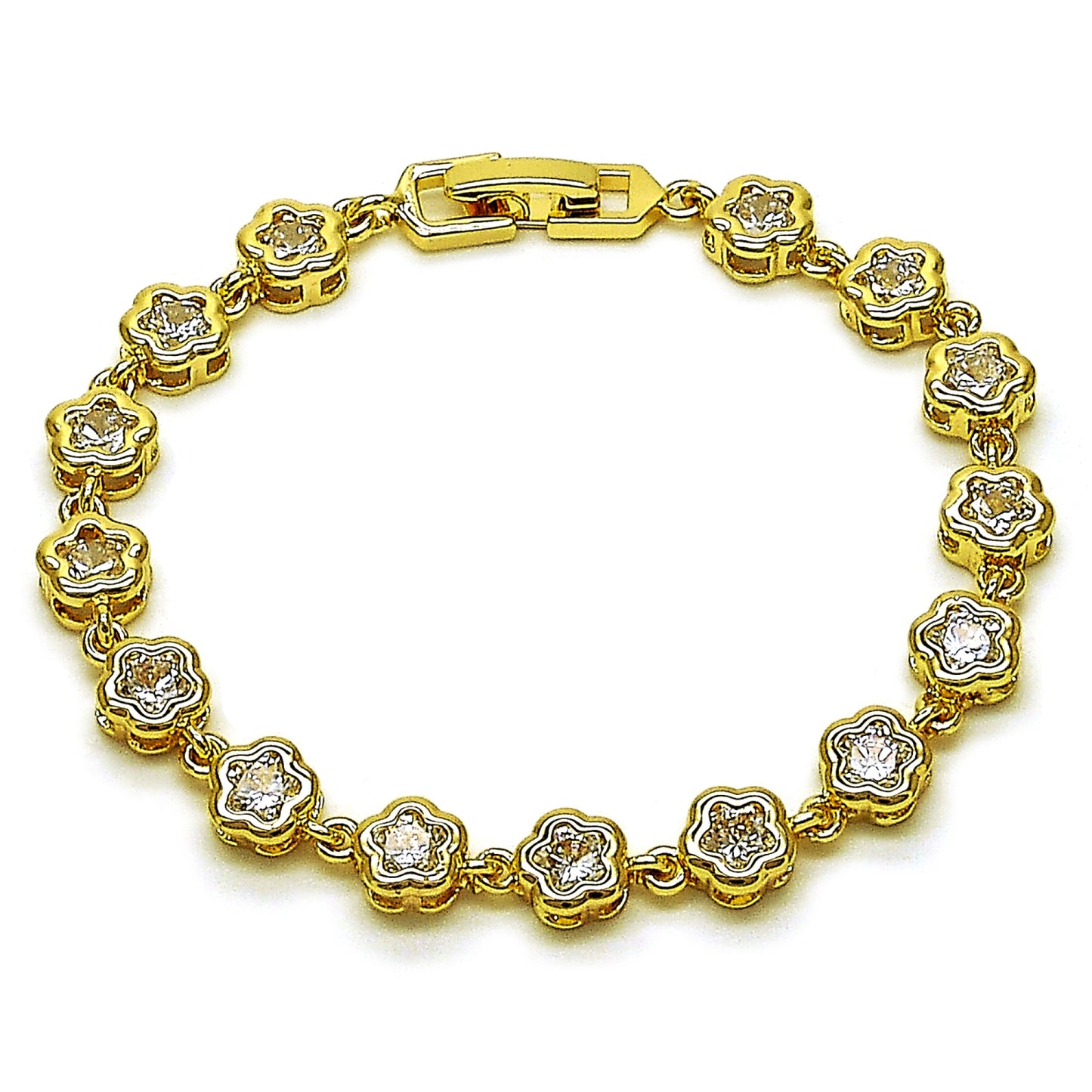 Gold Plated Gold Filled Oro Laminado Oro Laminado Fancy Bracelet, Gold Filled Style Flower Design, with White Cubic Zirconia, Polished, Golden