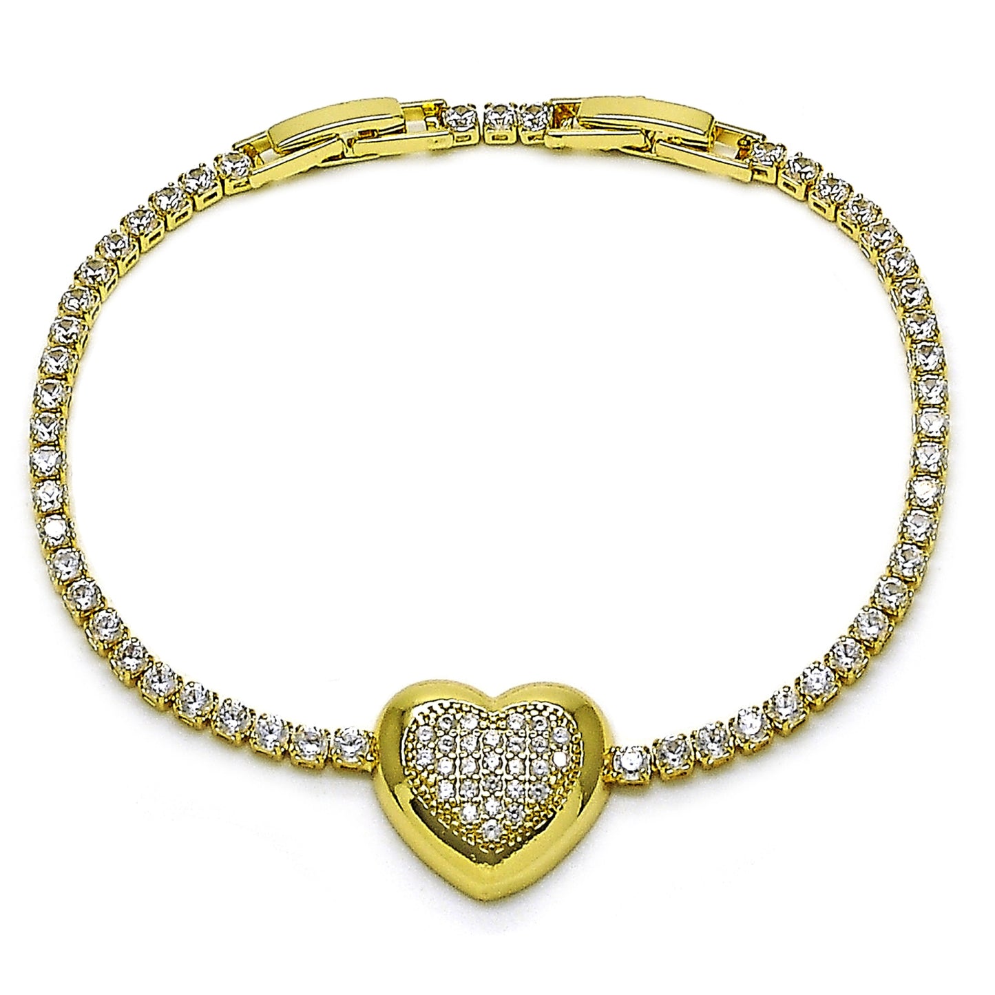 Gold Plated Gold Filled Oro Laminado Oro Laminado Fancy Bracelet, Gold Filled Style Heart Design, with White Cubic Zirconia and White Micro Pave, Polished, Golden