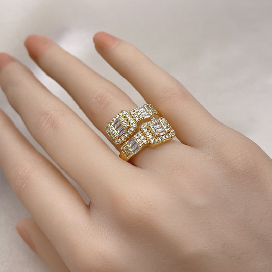 Oro Laminado Multi Stone Ring, Gold Filled Style Baguette Design, with White Cubic Zirconia and White Micro Pave, Polished, Golden