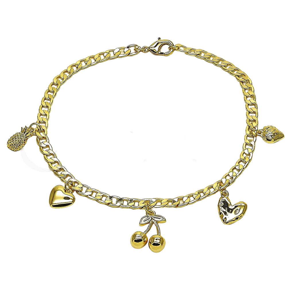 Oro Laminado Charm Anklet , Gold Filled Style Cherry and Heart Design, Polished, Golden Finish