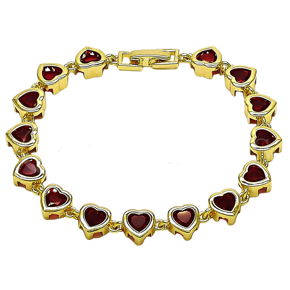 Oro Laminado Tennis Bracelet, Gold Filled Style Heart Design, with Garnet Cubic Zirconia, Polished, Golden Finish