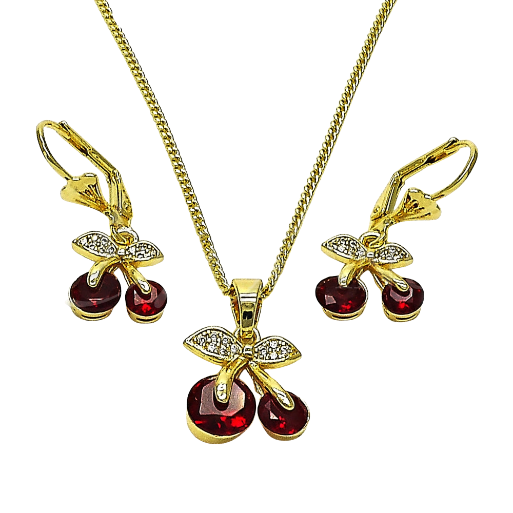 Oro Laminado Earring and Pendant Adult Set, Gold Filled Style Cherry Design, with Garnet Cubic Zirconia and White Micro Pave, Polished, Golden Finish