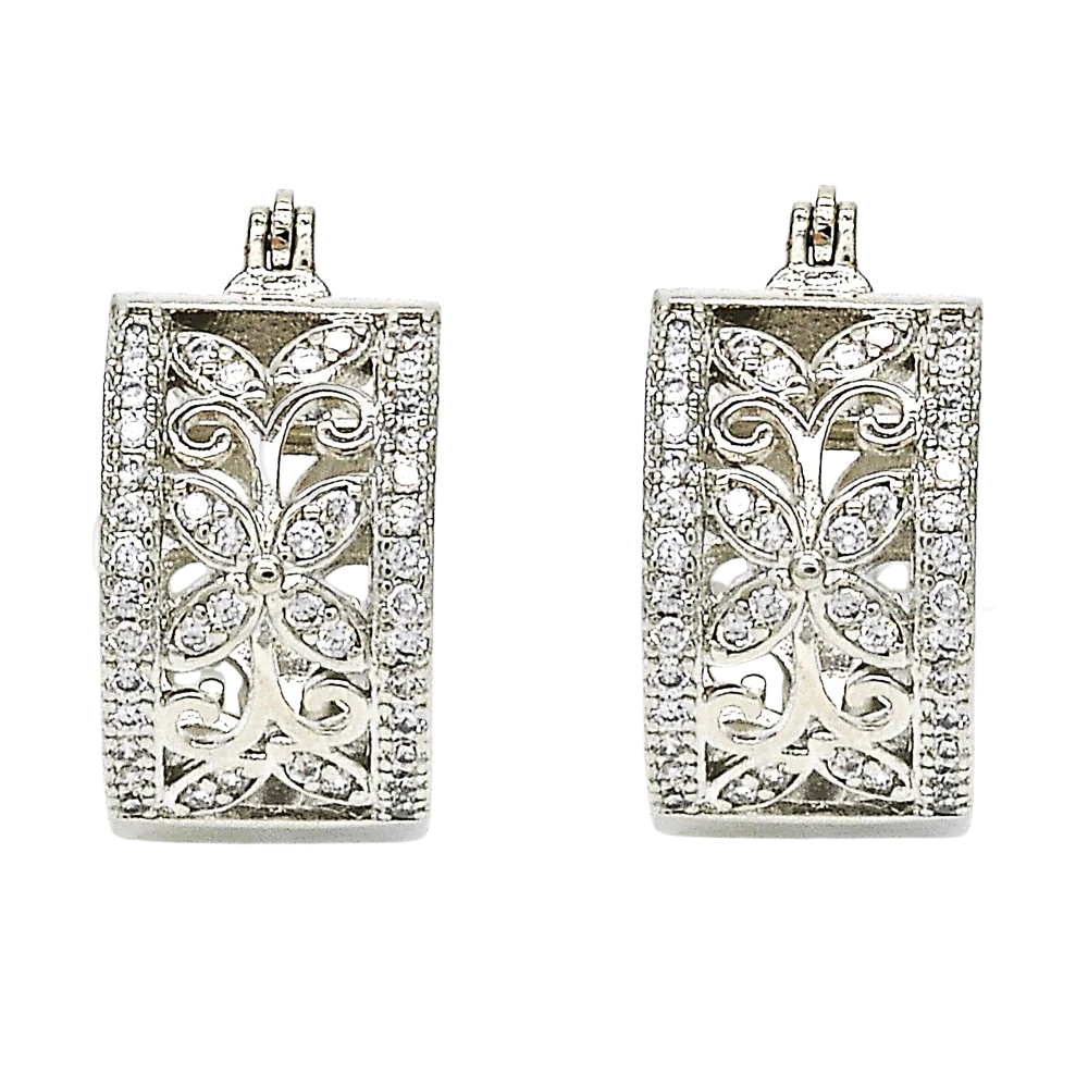 Rhodium Plated Small Hoop, Flower and Leaf Design, with White Cubic Zirconia, Polished, Rhodium Finish