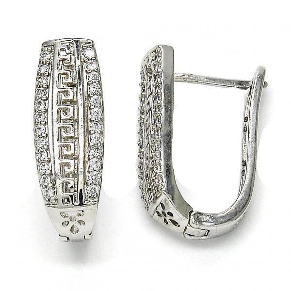 Rhodium Plated Huggie Hoop, Greek Key Design, with White Cubic Zirconia, Polished, Rhodium Finish